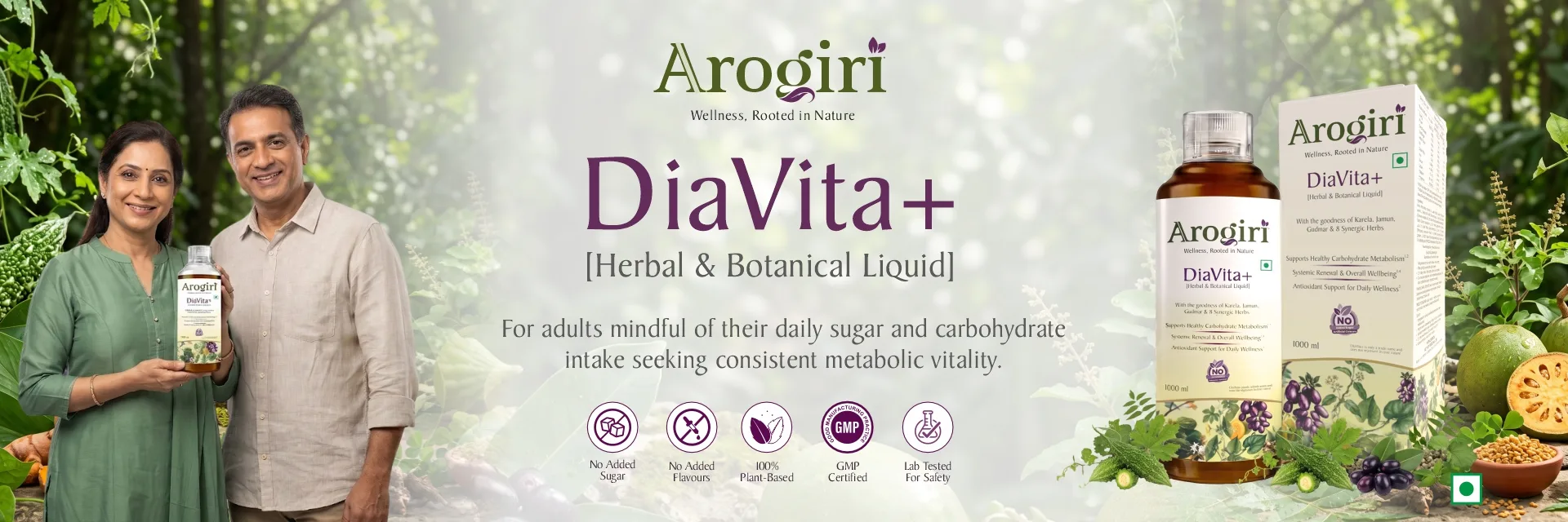 Arogiri DiaVita+ Herbal & Botanical Liquid. For adults mindful of their daily sugar and carbohydrate intake seeking consistent metabolic vitality.