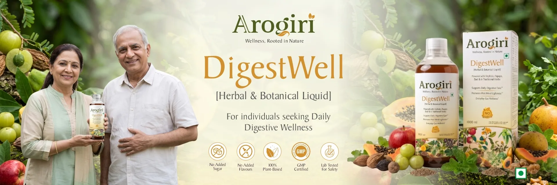 Arogiri DigestWell Herbal & Botanical Liquid. For individuals seeking daily digestive wellness.